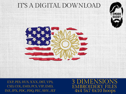 Machine Embroidery files, Usa Flag Sunflower, PES, DST, xxx, hus & more