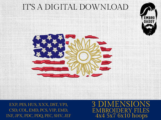 Machine Embroidery files, Usa Flag Sunflower, PES, DST, xxx, hus & more