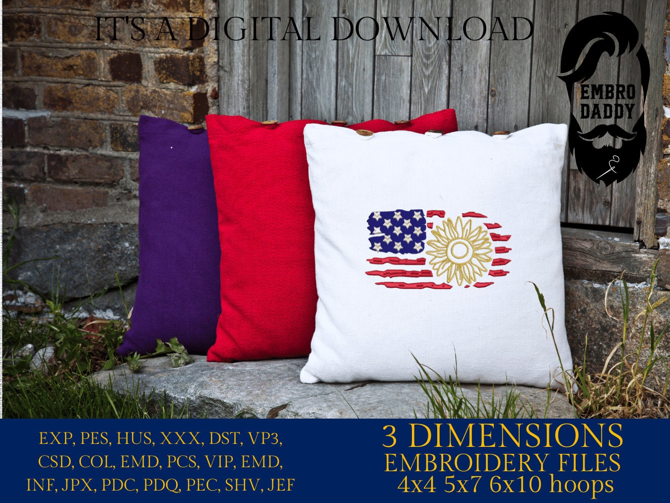 Machine Embroidery files, Usa Flag Sunflower, PES, DST, xxx, hus & more