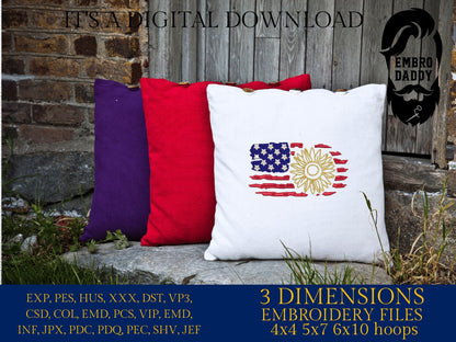 Machine Embroidery files, Usa Flag Sunflower, PES, DST, xxx, hus & more