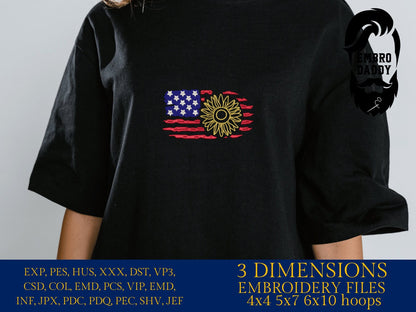 Machine Embroidery files, Usa Flag Sunflower, PES, DST, xxx, hus & more