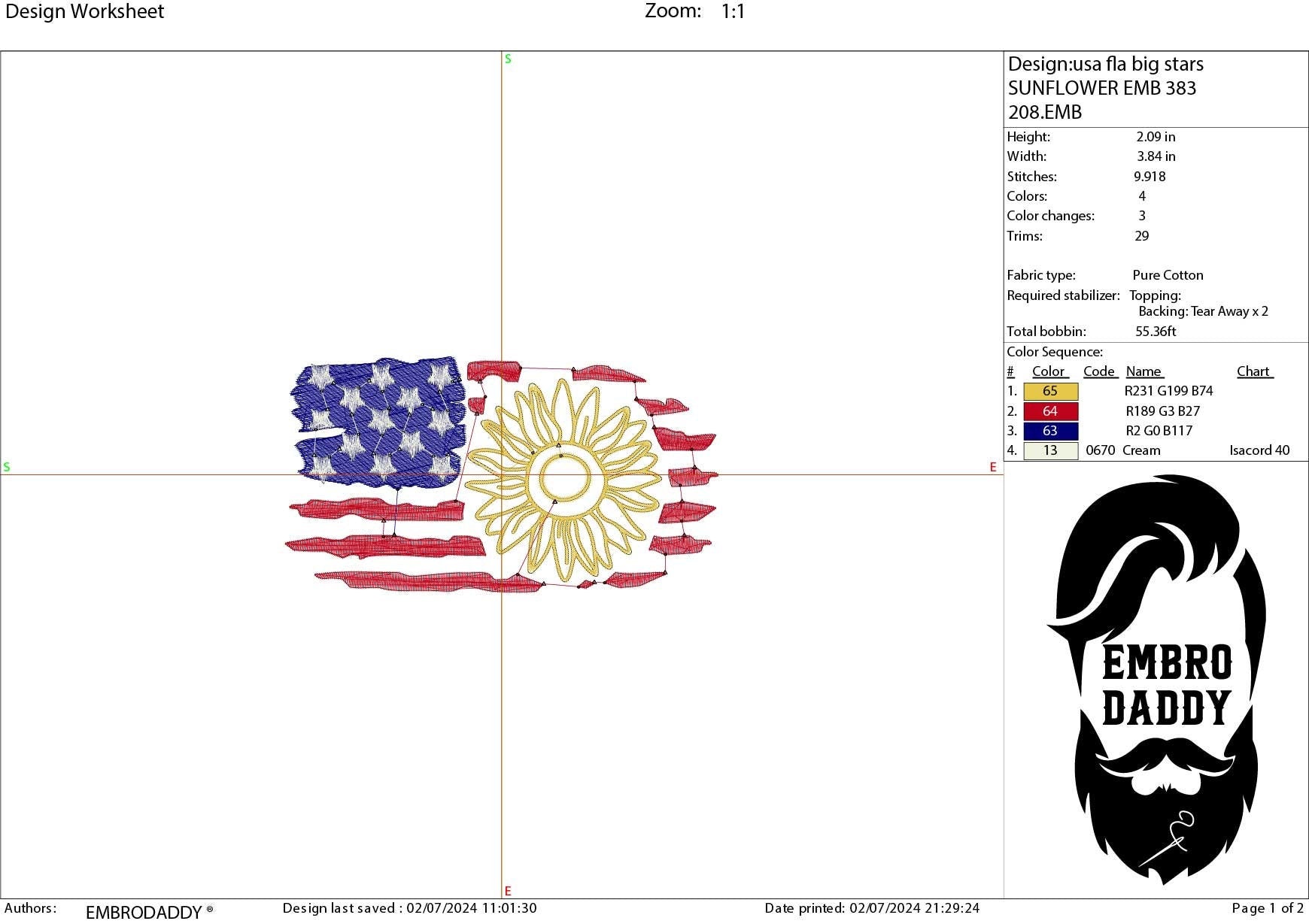 Machine Embroidery files, Usa Flag Sunflower, PES, DST, xxx, hus & more
