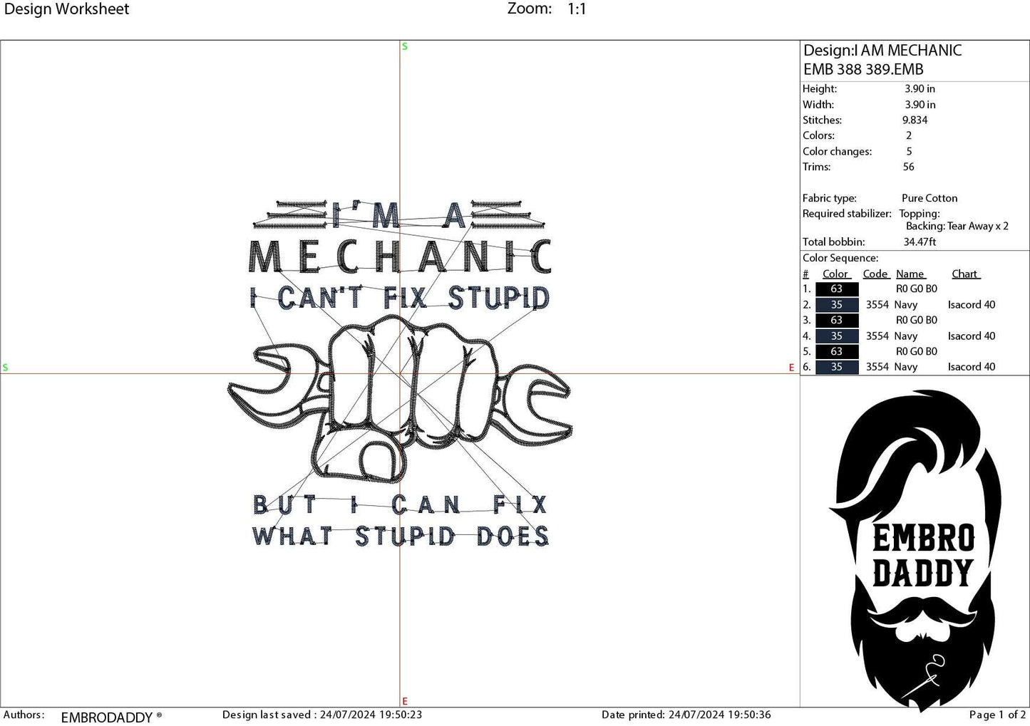 Machine Embroidery files, mechanic can't fix stupid, PES, dst, xxx, hus & more