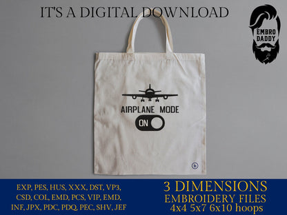 Machine Embroidery files, Airplane mode on, PES, hus, dst, vp3 & more