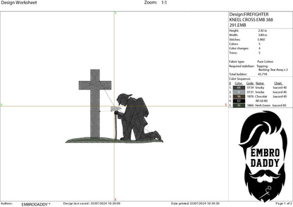 Machine Embroidery files, firefighter kneeling Cross, PES, DST, xxx, hus & more