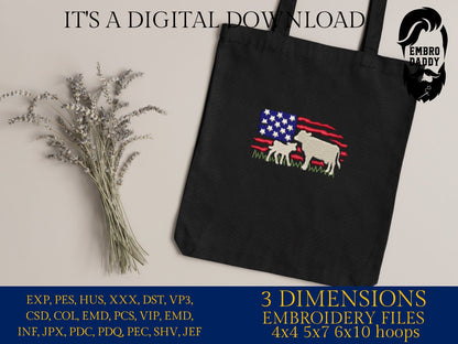 Machine Embroidery files, cow and calve, Usa Flag, PES, DST, xxx, hus & more