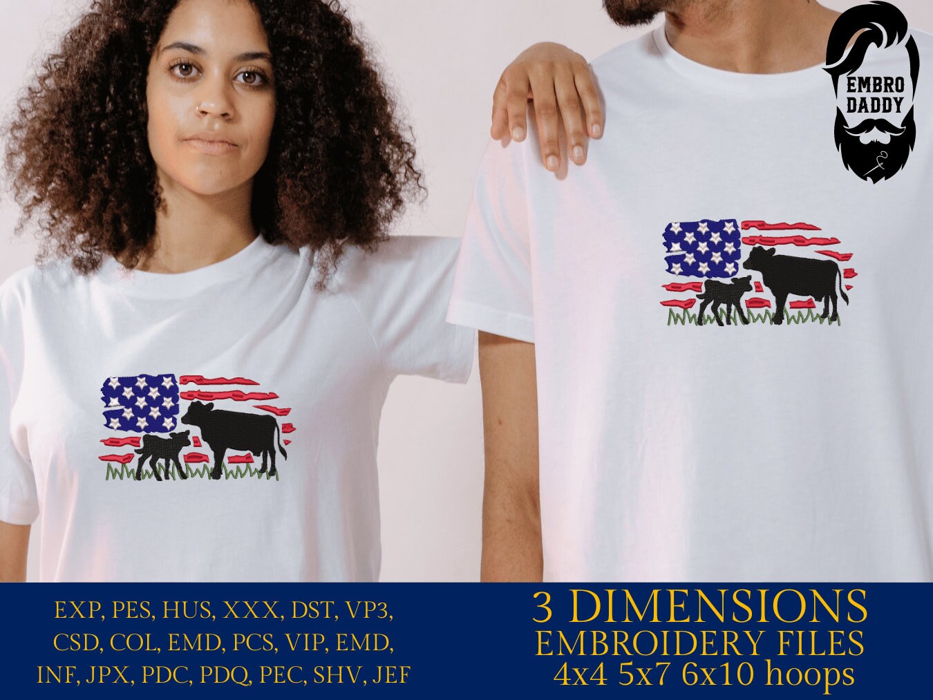 Machine Embroidery files, cow and calve, Usa Flag, PES, DST, xxx, hus & more