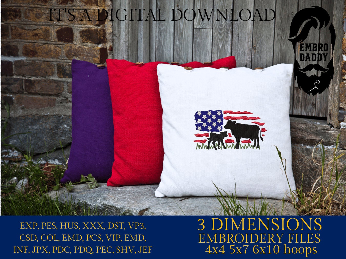 Machine Embroidery files, cow and calve, Usa Flag, PES, DST, xxx, hus & more