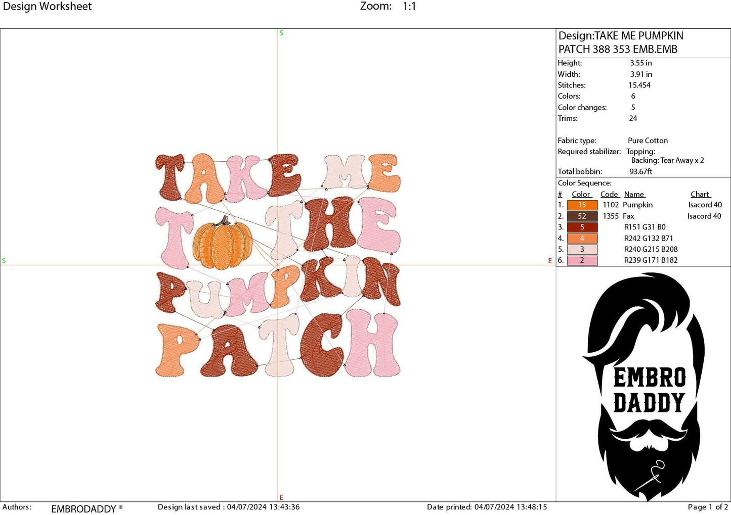 Machine Embroidery files, take me to the pumpkin patch, PES, DST, xxx, hus & more