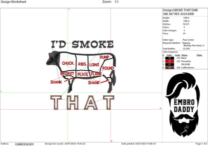 Machine Embroidery files, I'd smoke that, BBQ, grill, DST, PES, xxx, hus, dst & more