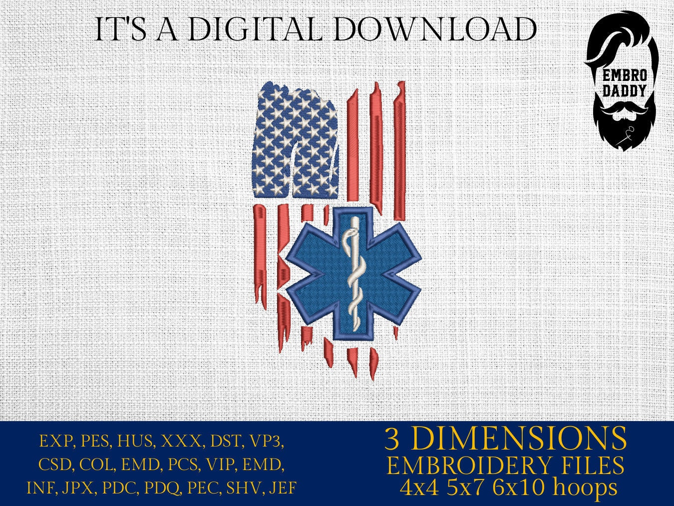 Machine Embroidery files, EMS paramedic, star of life, patriotic, Usa flag, PES, DST, hus & more