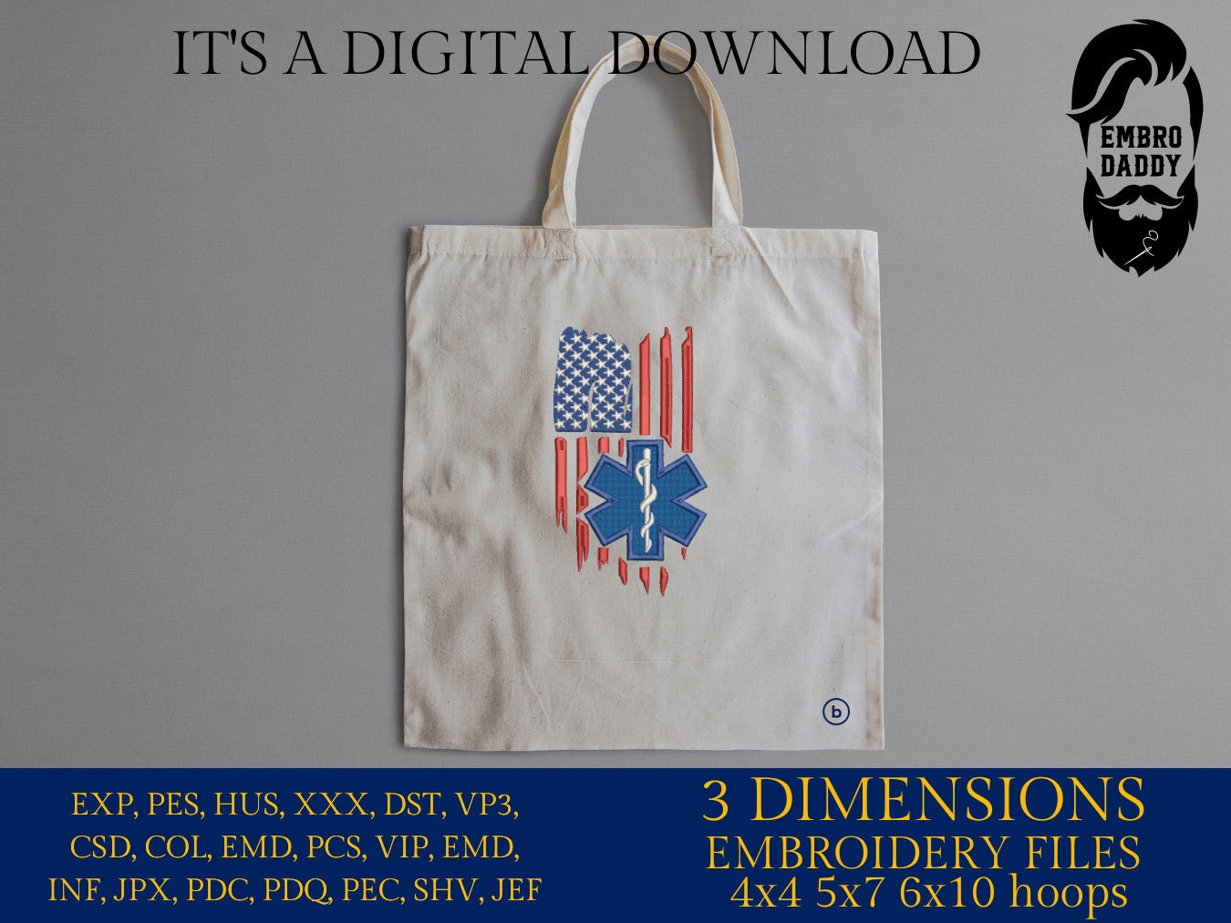 Machine Embroidery files, EMS paramedic, star of life, patriotic, Usa flag, PES, DST, hus & more