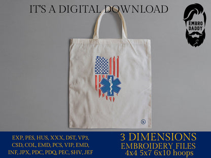 Machine Embroidery files, EMS paramedic, star of life, patriotic, Usa flag, PES, DST, hus & more