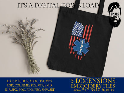 Machine Embroidery files, EMS paramedic, star of life, patriotic, Usa flag, PES, DST, hus & more