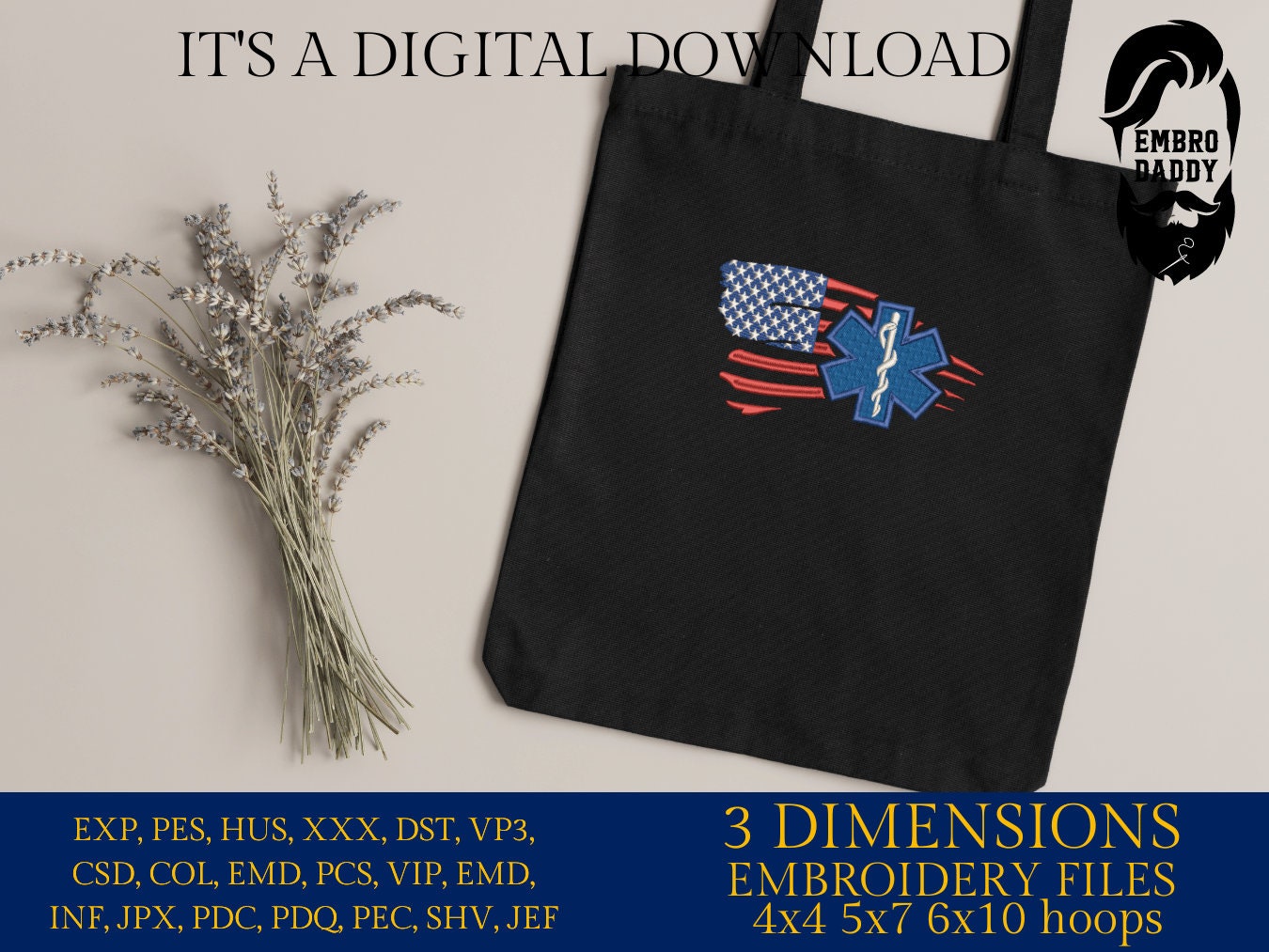 Machine Embroidery files, EMS paramedic, star of life, patriotic, Usa flag, PES, DST, hus & more