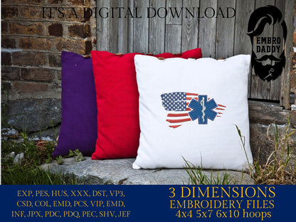 Machine Embroidery files, EMS paramedic, star of life, patriotic, Usa flag, PES, DST, hus & more