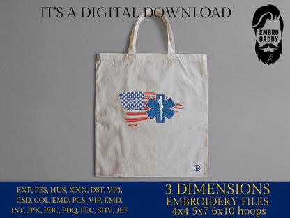 Machine Embroidery files, EMS paramedic, star of life, patriotic, Usa flag, PES, DST, hus & more