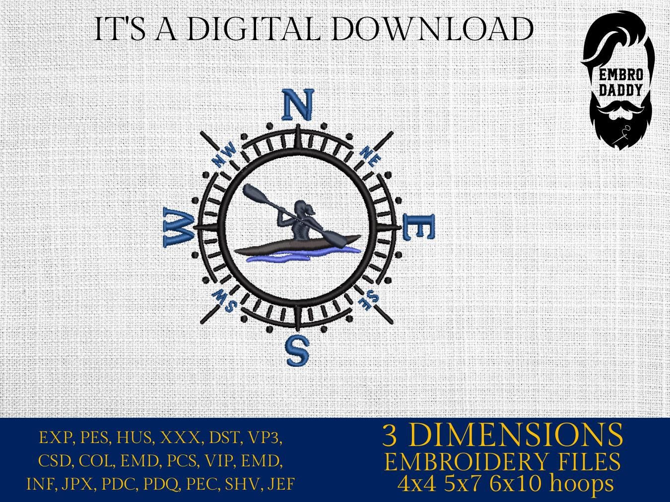 Machine Embroidery files, kayaker woman, Compass, PES, xxx, hus & more