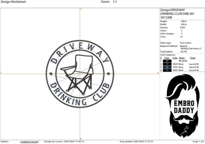 Machine Embroidery files, Driveway Drinking Club, dst PES, xxx, hus & more