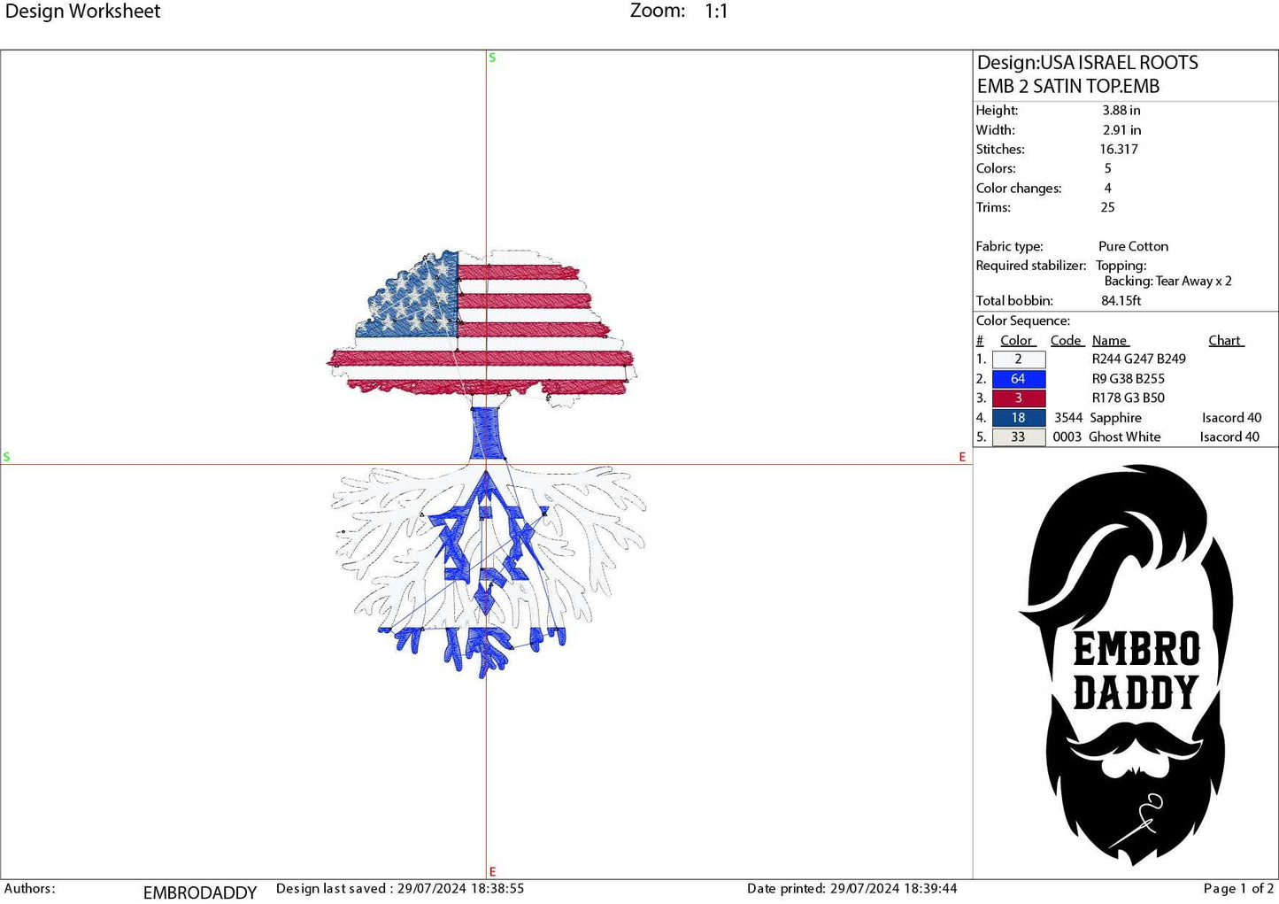 Machine Embroidery files, USA Tree Israel roots, PES, xxx, hus, dst & more