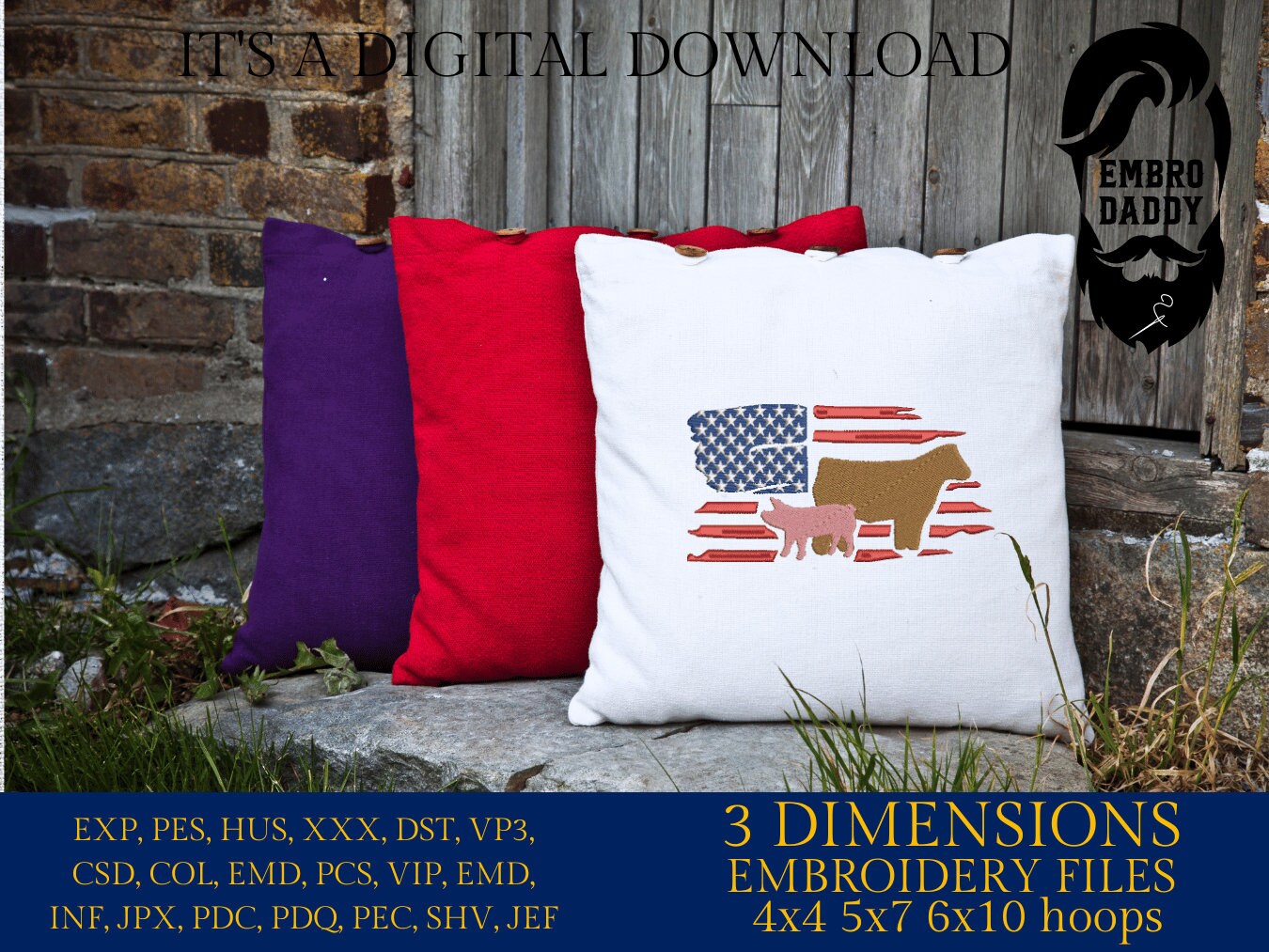 Machine Embroidery files, Usa flag, Show Livestock, Show flag pig and steer, PES, dst, xxx hus & more