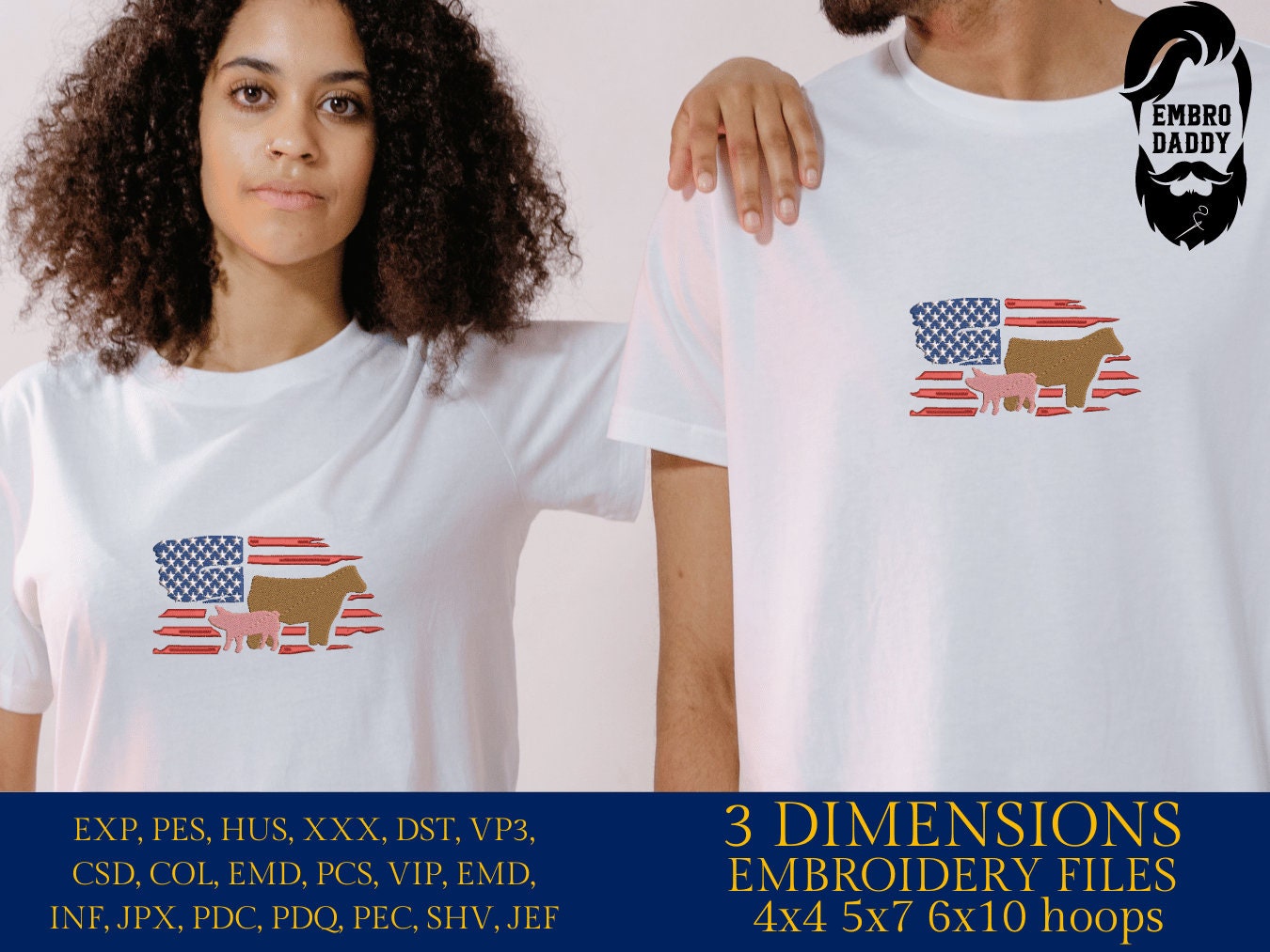 Machine Embroidery files, Usa flag, Show Livestock, Show flag pig and steer, PES, dst, xxx hus & more