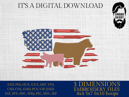 Machine Embroidery files, Usa flag, Show Livestock, Show flag pig and steer, PES, dst, xxx hus & more