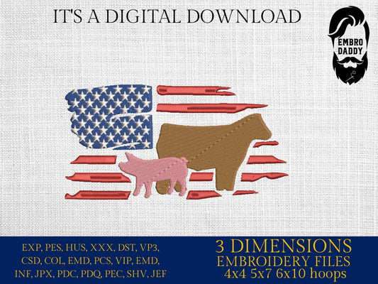 Machine Embroidery files, Usa flag, Show Livestock, Show flag pig and steer, PES, dst, xxx hus & more