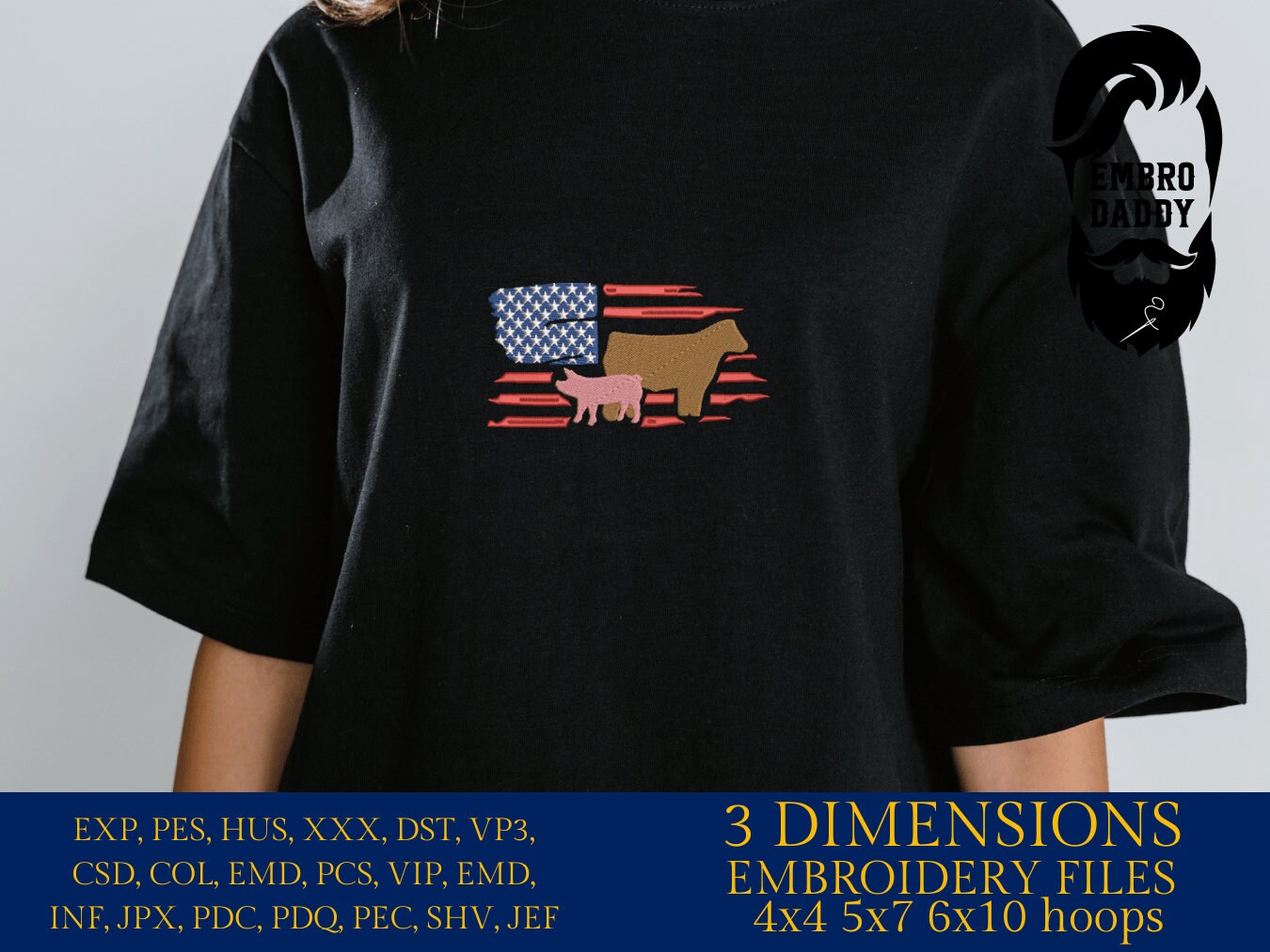 Machine Embroidery files, Usa flag, Show Livestock, Show flag pig and steer, PES, dst, xxx hus & more