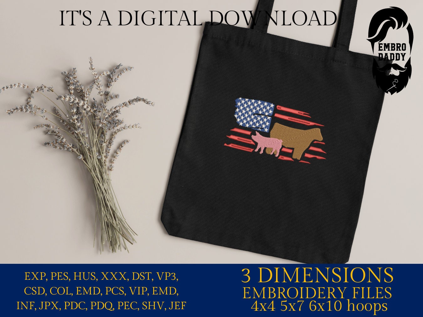 Machine Embroidery files, Usa flag, Show Livestock, Show flag pig and steer, PES, dst, xxx hus & more