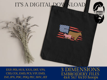 Machine Embroidery files, Usa flag, Show Livestock, Show flag pig and steer, PES, dst, xxx hus & more