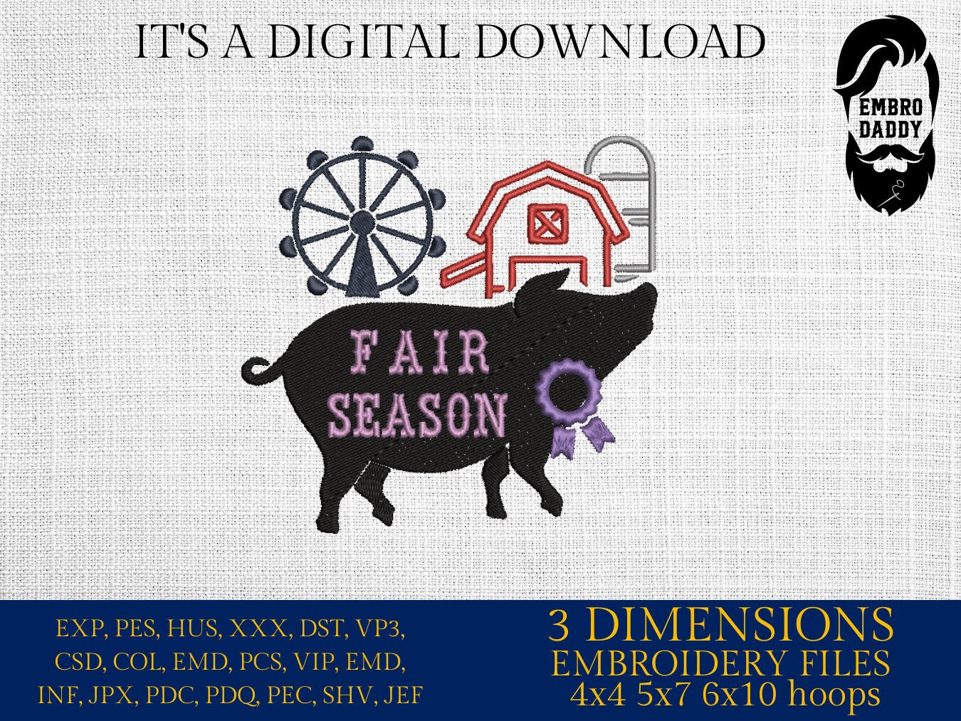 Machine Embroidery files, Fair Season, Show Livestock, Show pig, PES, dst, xxx hus & more