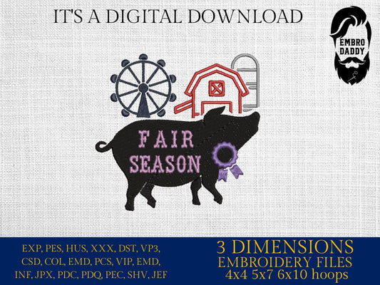Machine Embroidery files, Fair Season, Show Livestock, Show pig, PES, dst, xxx hus & more