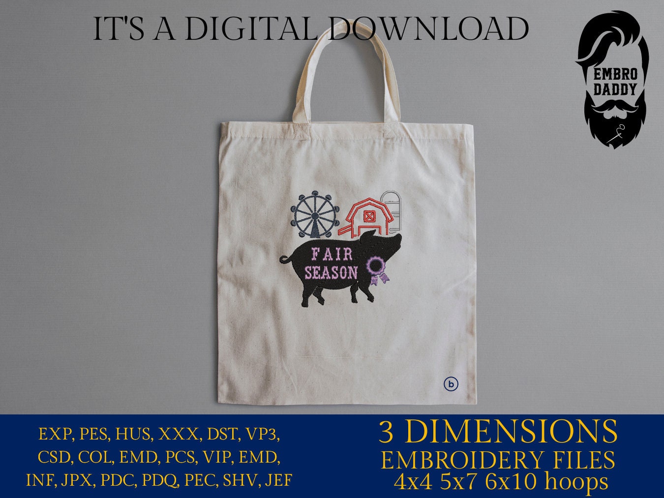 Machine Embroidery files, Fair Season, Show Livestock, Show pig, PES, dst, xxx hus & more