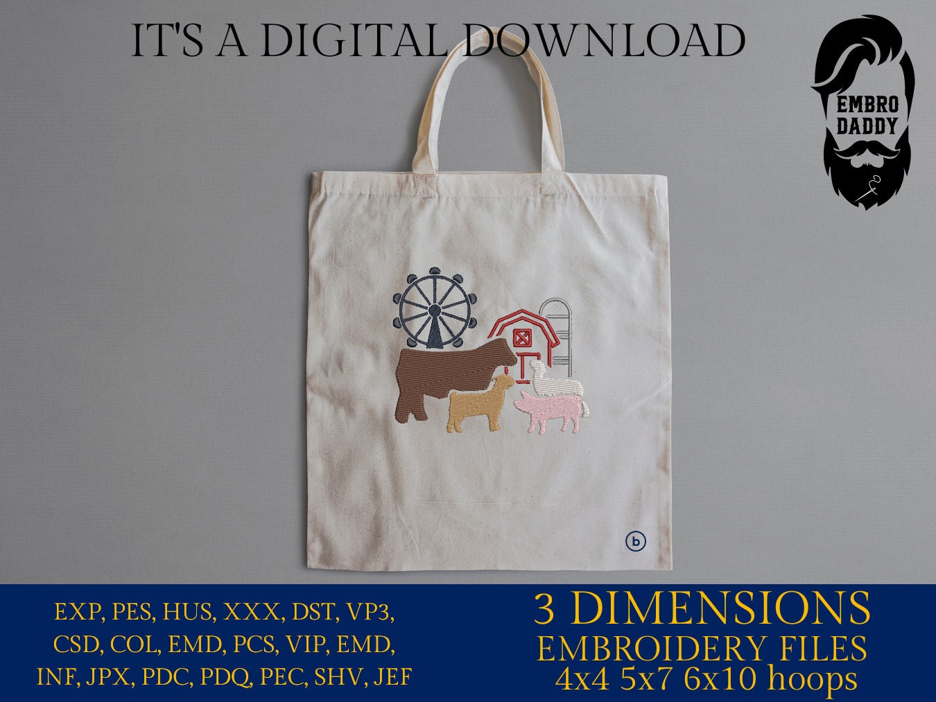 Machine Embroidery files, Fair Season, Show Livestock, Show pig, steer, sheep, goat, PES, dst, xxx hus & more