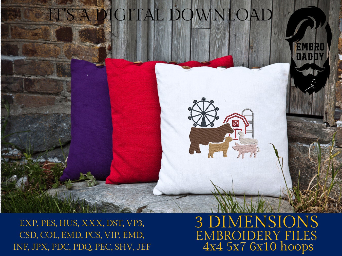 Machine Embroidery files, Fair Season, Show Livestock, Show pig, steer, sheep, goat, PES, dst, xxx hus & more