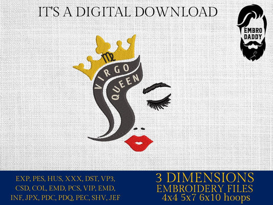 Machine Embroidery files, Virgo Queen, PES, dst, vip, xxx, hus & more