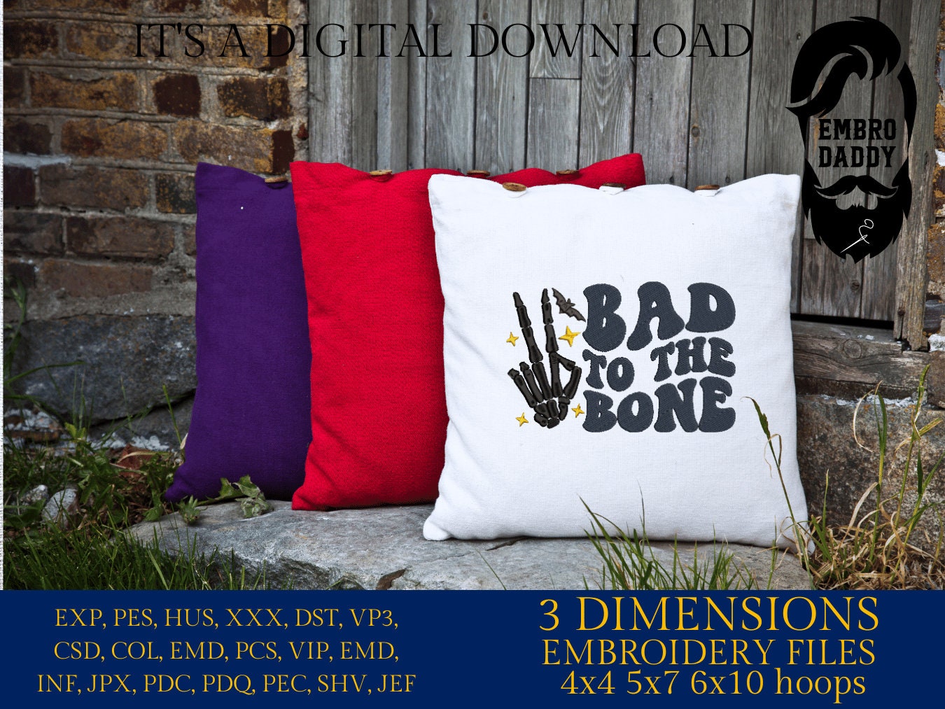 Machine Embroidery files, Bad To The Bone, Skeleton Hand, Kids Halloween Shirt, Retro, Spooky Vibes, PES, DST, xxx, hus and more