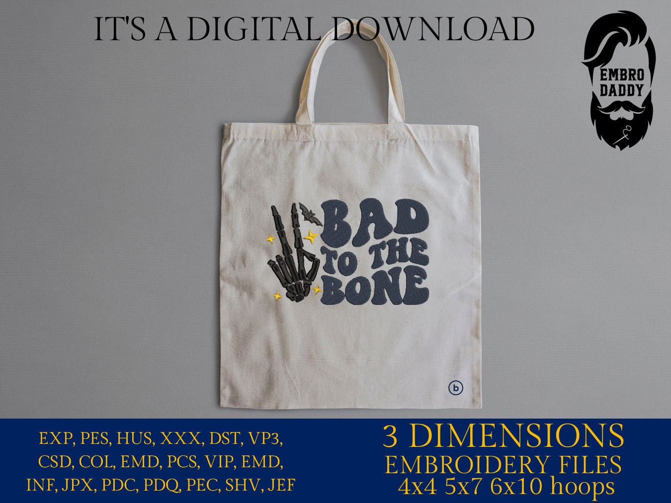Machine Embroidery files, Bad To The Bone, Skeleton Hand, Kids Halloween Shirt, Retro, Spooky Vibes, PES, DST, xxx, hus and more