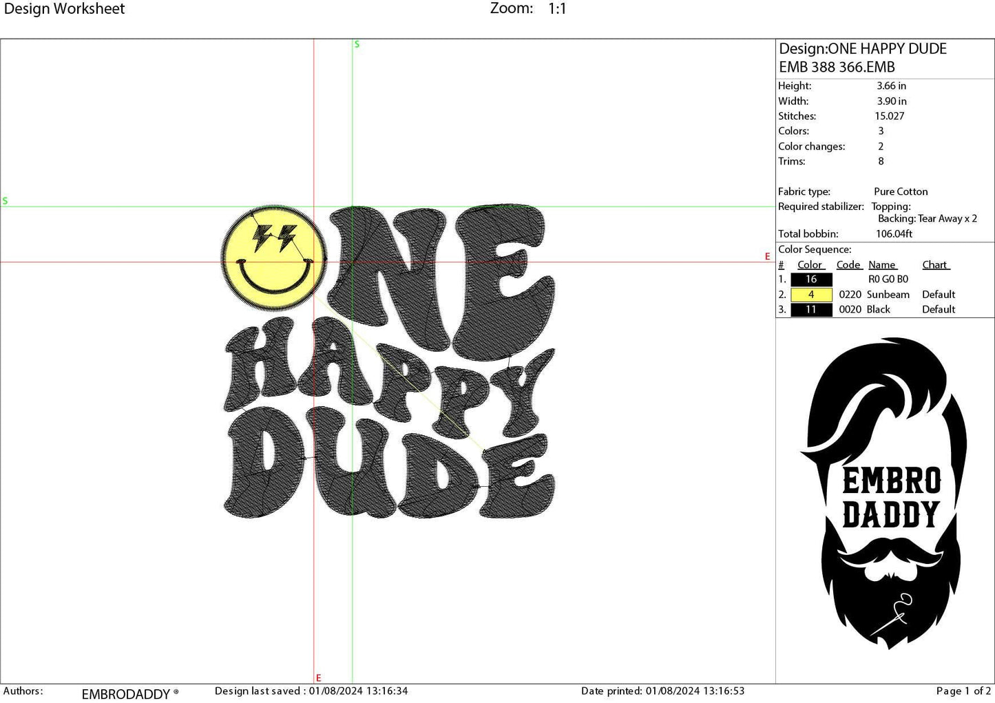 Machine Embroidery files, One Happy Dude, First Birthday, Retro Wavy Text, Happy Face Trendy, PES, DST, xxx, hus & more