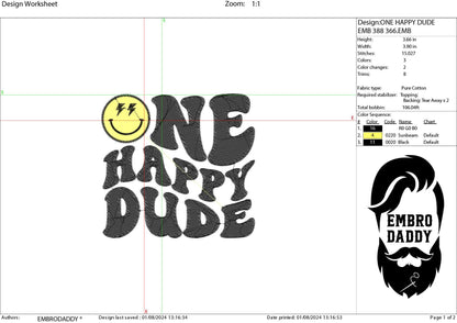 Machine Embroidery files, One Happy Dude, First Birthday, Retro Wavy Text, Happy Face Trendy, PES, DST, xxx, hus & more