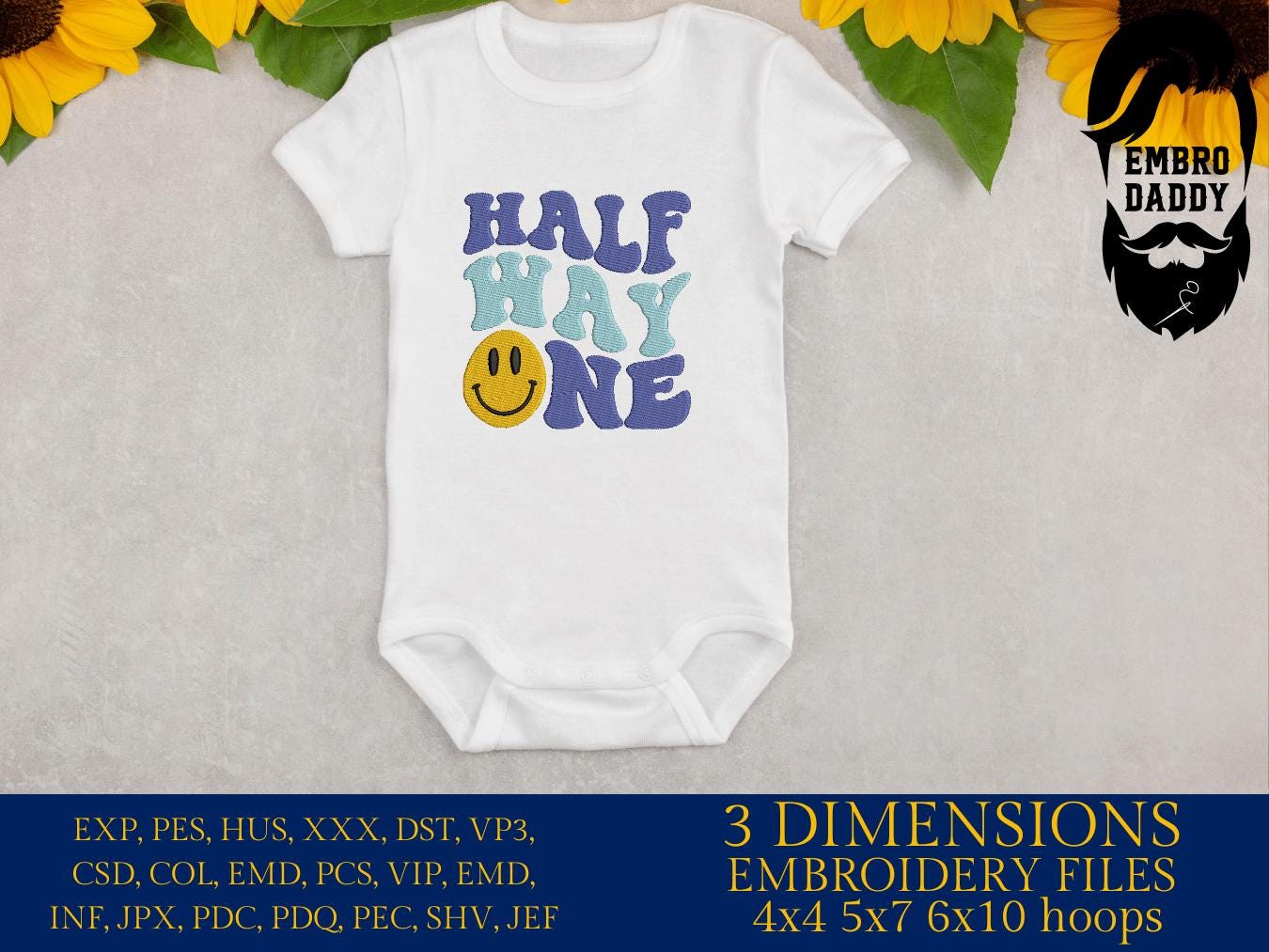 Machine Embroidery files, half way one, 6th month, Retro Wavy Text, Happy Face Trendy, PES, DST, xxx, hus & more