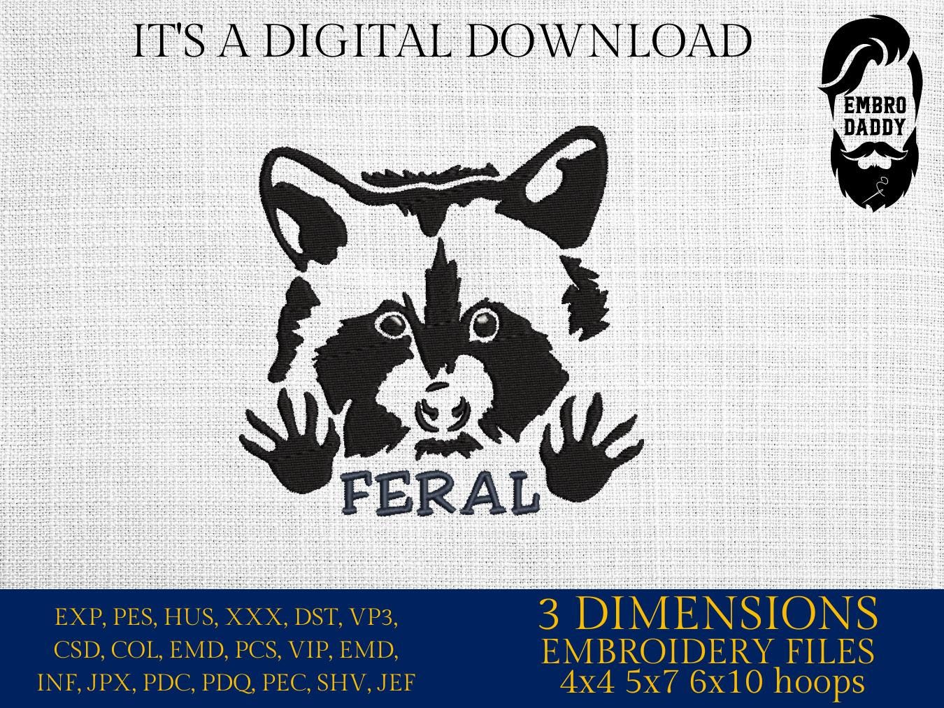 Machine Embroidery files, Feral, Racoon, Animal, PES, xxx, hus & more