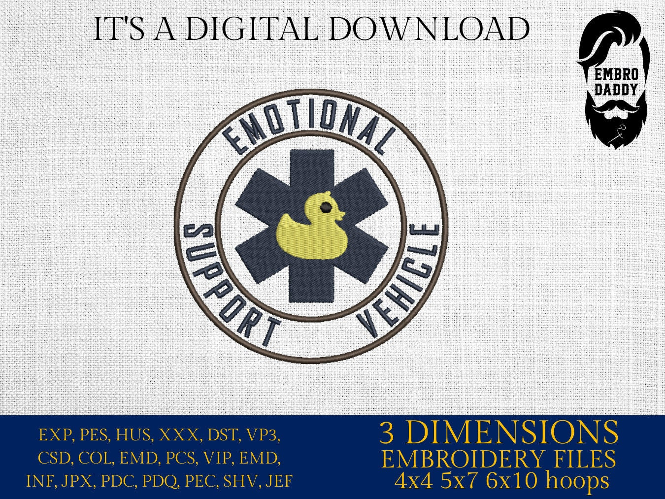 Machine Embroidery files, emotional support vehicle, Duck Wave for off road vehicle, PES, xxx, hus & more