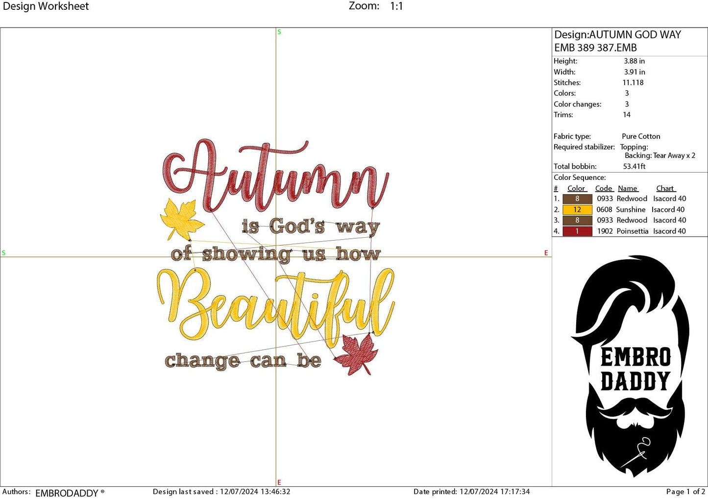 Machine Embroidery files, Autumn God's way, Beautiful, PES, DST, xxx, hus & more