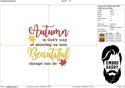 Machine Embroidery files, Autumn God's way, Beautiful, PES, DST, xxx, hus & more