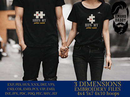 Machine Embroidery files, he's / she's my perfect match, Matching Couple Valentine's Day, Funny Matching Anniversary, PES, xxx, hus & more