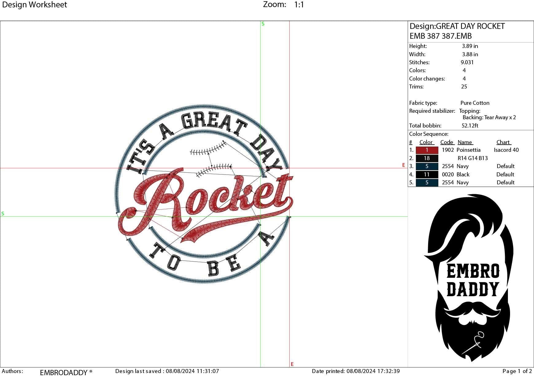 Machine Embroidery files, It's a Great Day To Be A Rocket, PES, xxx, hus & more, fan embroidery files