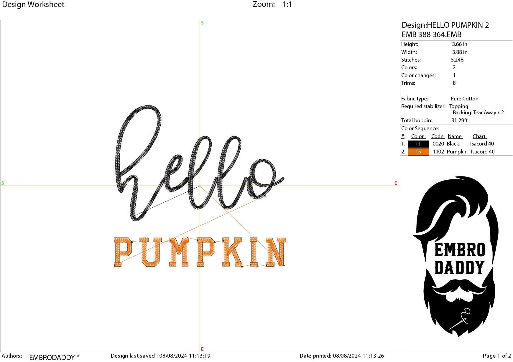 Machine Embroidery files, hello pumpkin, PES, DST, xxx, hus & more