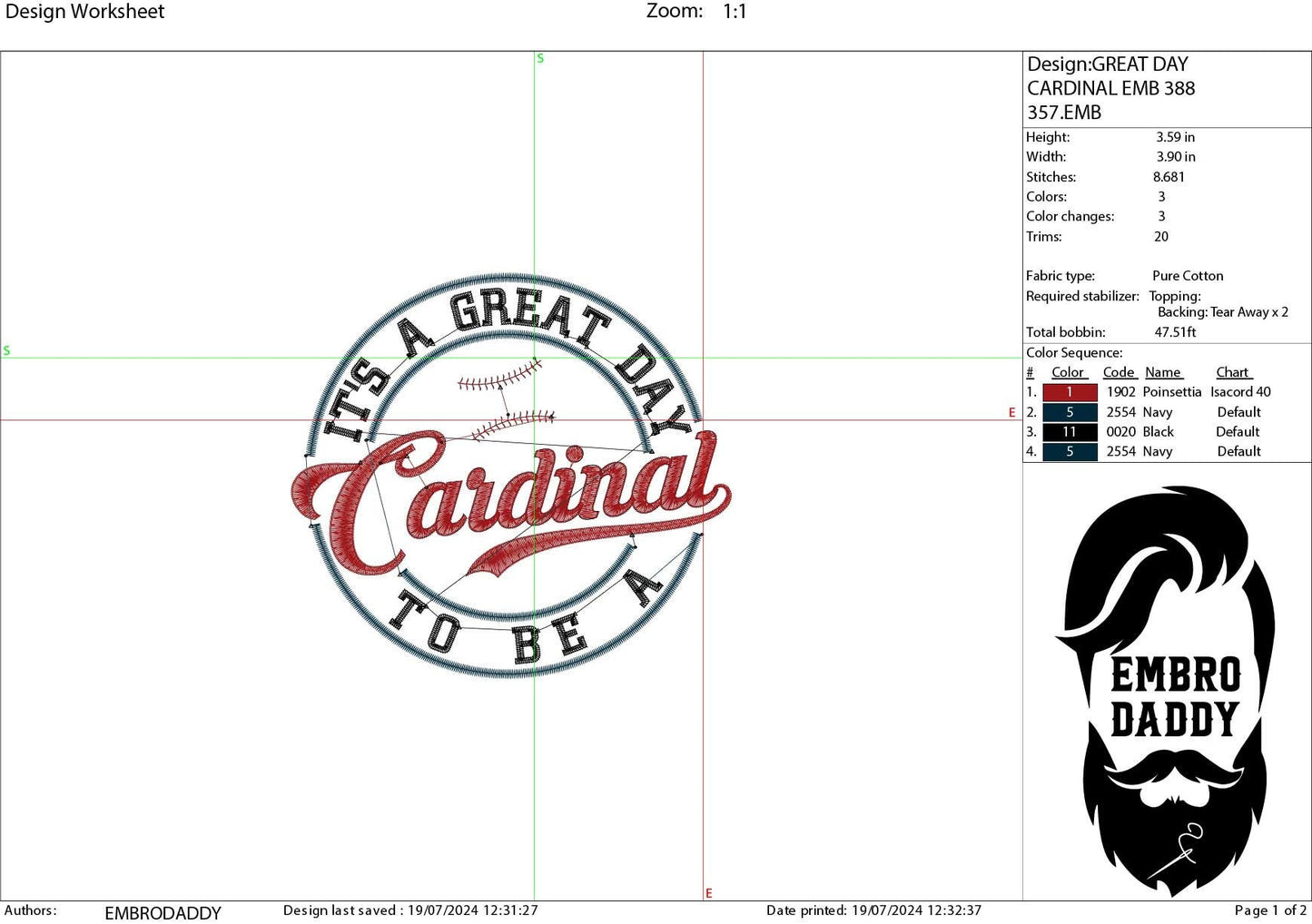 Machine Embroidery files, It's a Great Day To Be A Cardinal, PES, xxx, hus & more, embroidery files